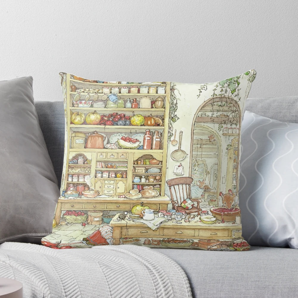 Decorative throw pillow featuring a charming Brambly Hedge illustration of baby mice in a lush English countryside setting.