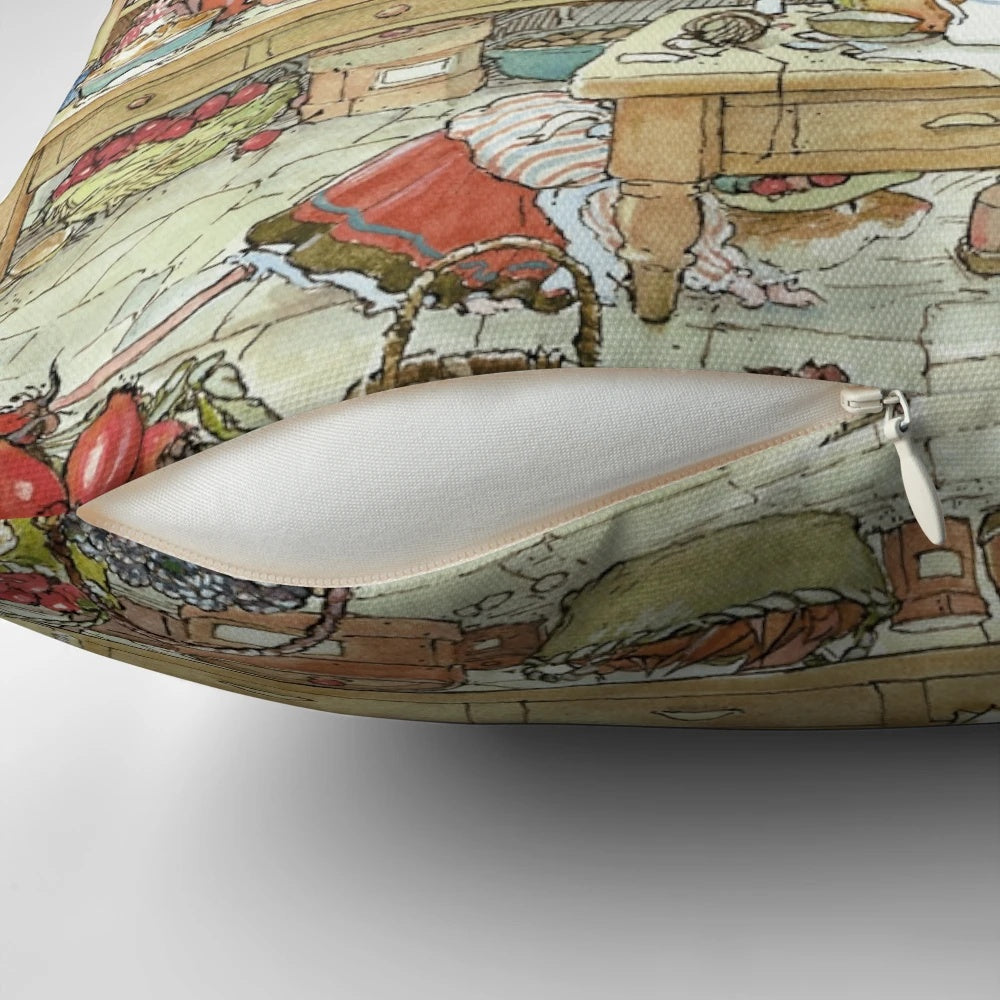 Decorative throw pillow featuring a charming Brambly Hedge illustration of baby mice in a lush English countryside setting.