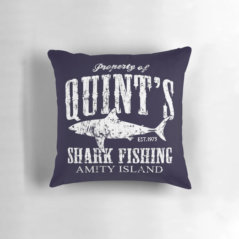 Quints Shark Fishing Amity Island Pillow featuring a vintage movie quote from the classic film Jaws