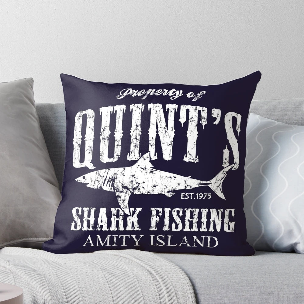 Quints Shark Fishing Amity Island Pillow featuring a vintage movie quote from the classic film Jaws