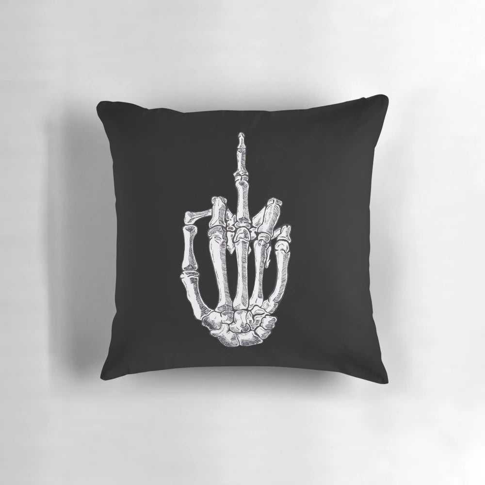 Quirky and unique skeletal middle finger shaped decorative throw pillow