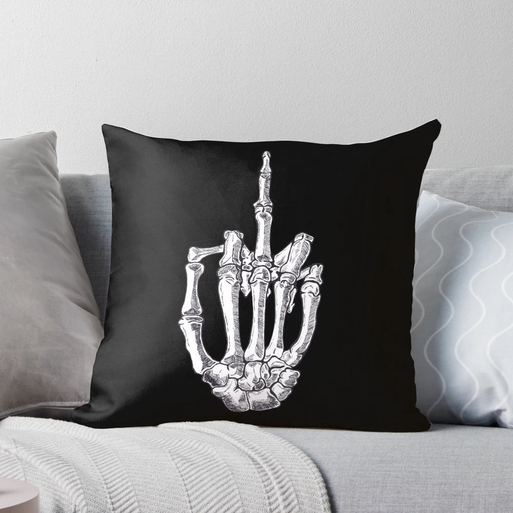 Quirky and unique skeletal middle finger shaped decorative throw pillow