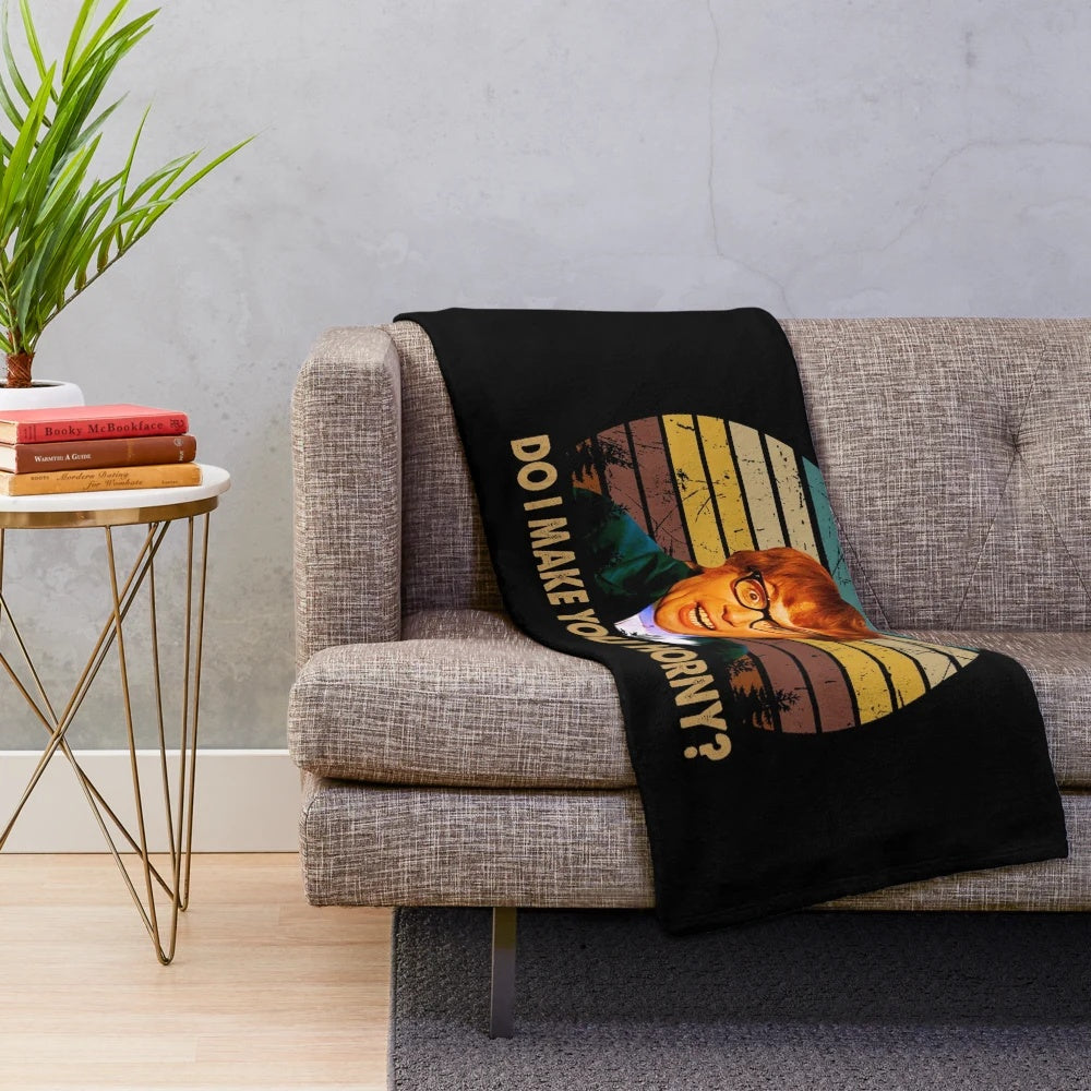 Austin Powers inspired plush blanket featuring popular quotes and imagery from the iconic spy comedy film series