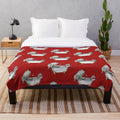 Whimsical illustration of a Bedlington Terrier dog in a bathtub against a red background