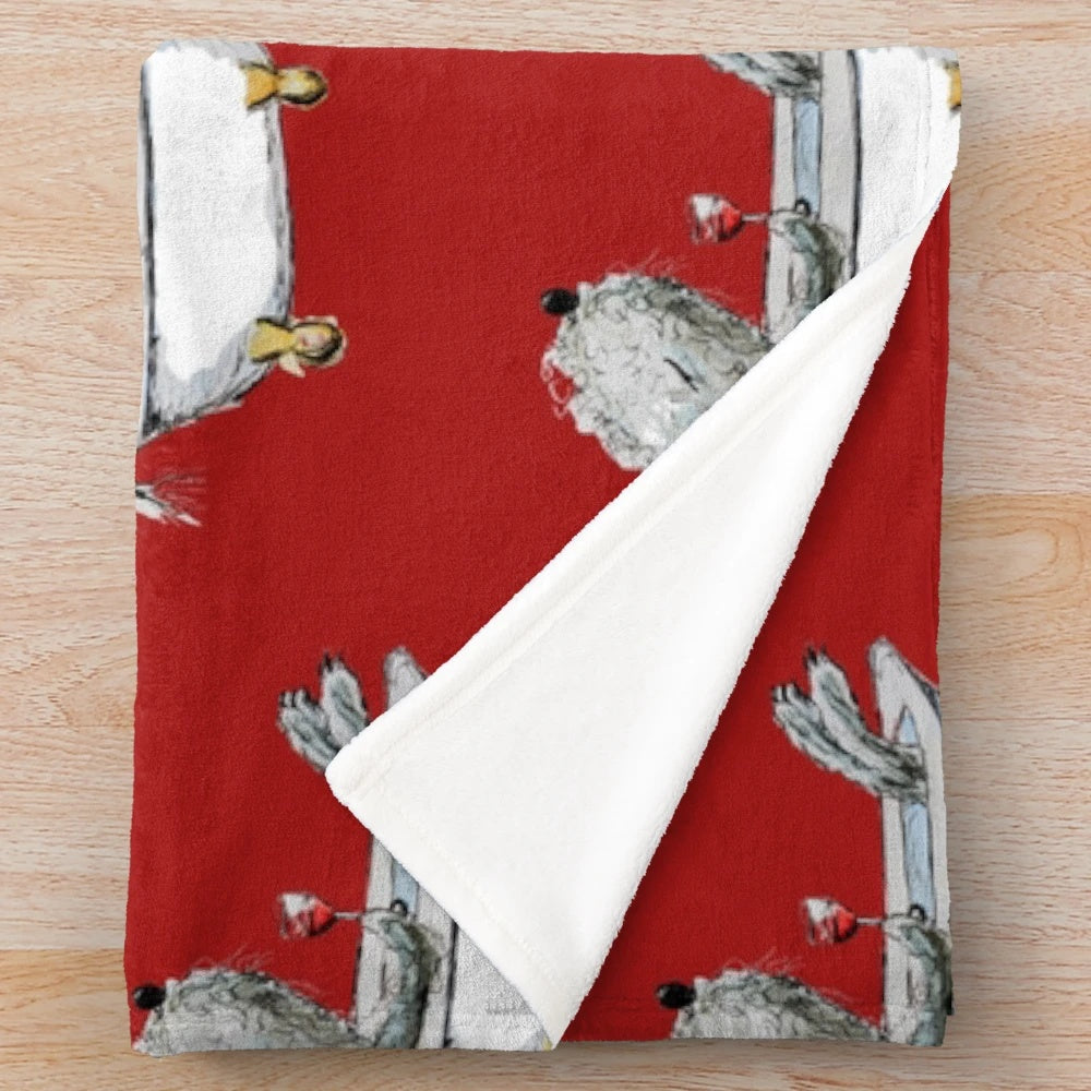 Whimsical illustration of a Bedlington Terrier dog in a bathtub against a red background