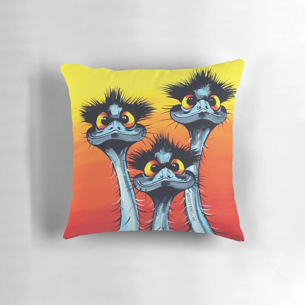 Whimsical and colorful emu pillow featuring quirky emu artwork by Wendy Binks