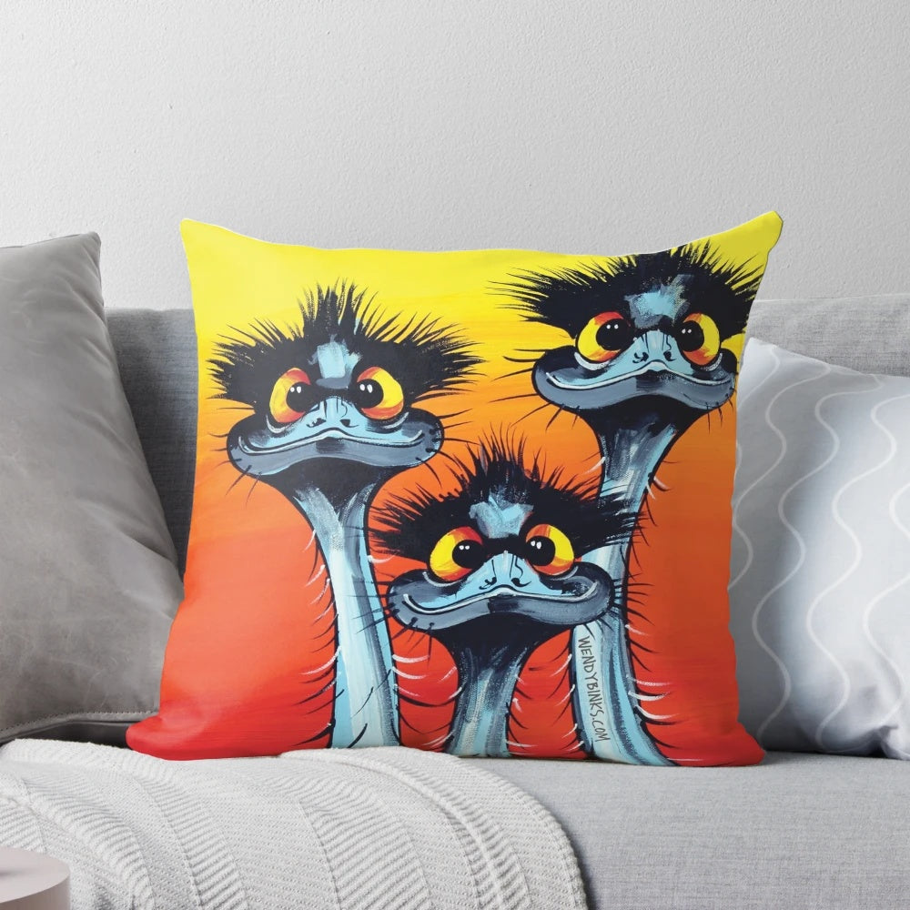 Whimsical and colorful emu pillow featuring quirky emu artwork by Wendy Binks