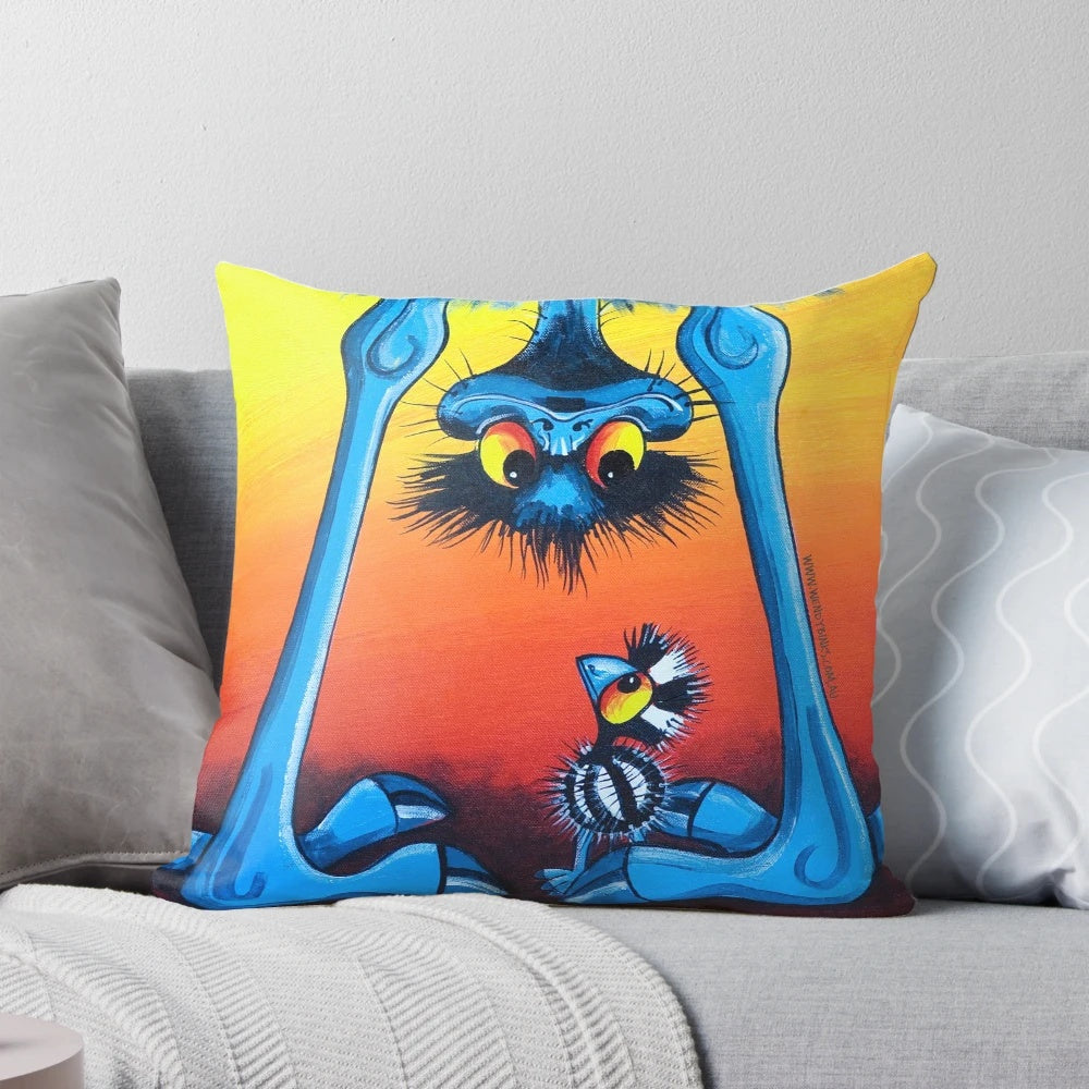 A whimsical "Are We There Yet?" throw pillow featuring a quirky upside down emu design, perfect for emu enthusiasts.