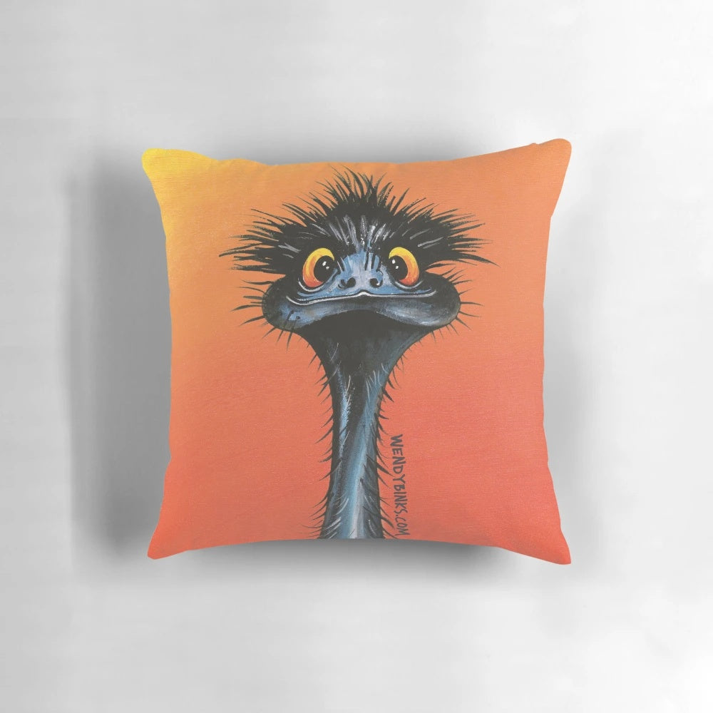 Stunning photograph of an emu with a vibrant sunset landscape, printed on a high-quality throw pillow for your home.