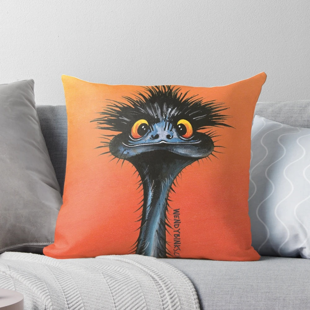 Stunning photograph of an emu with a vibrant sunset landscape, printed on a high-quality throw pillow for your home.