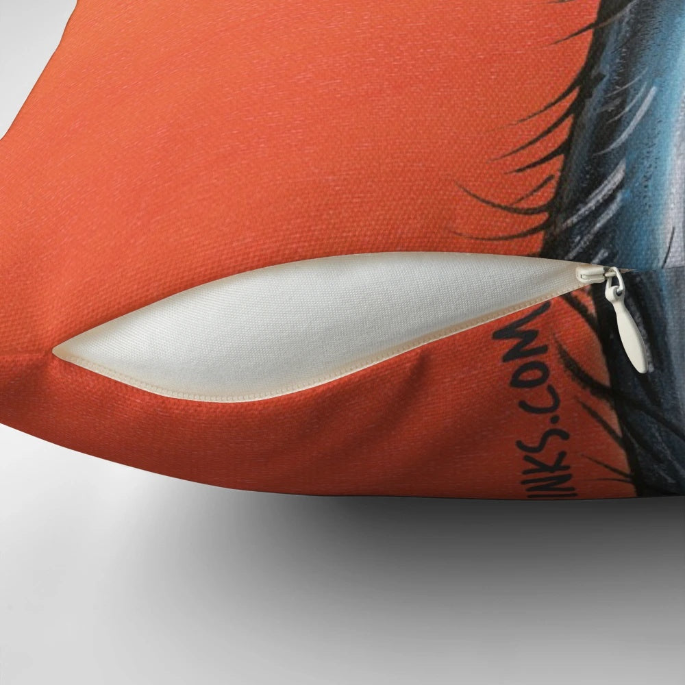 Stunning photograph of an emu with a vibrant sunset landscape, printed on a high-quality throw pillow for your home.