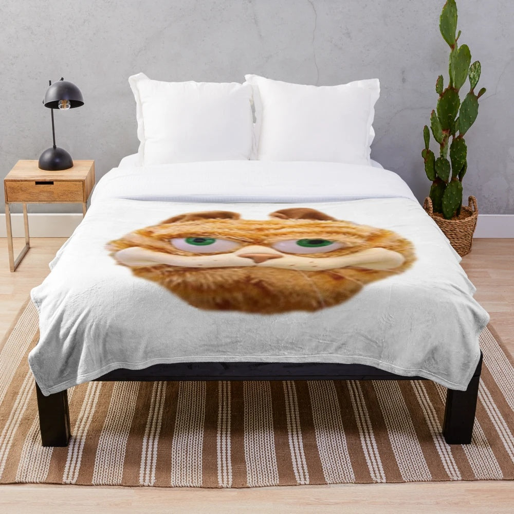 Garfield-inspired plush blanket with a humorous, low-quality design