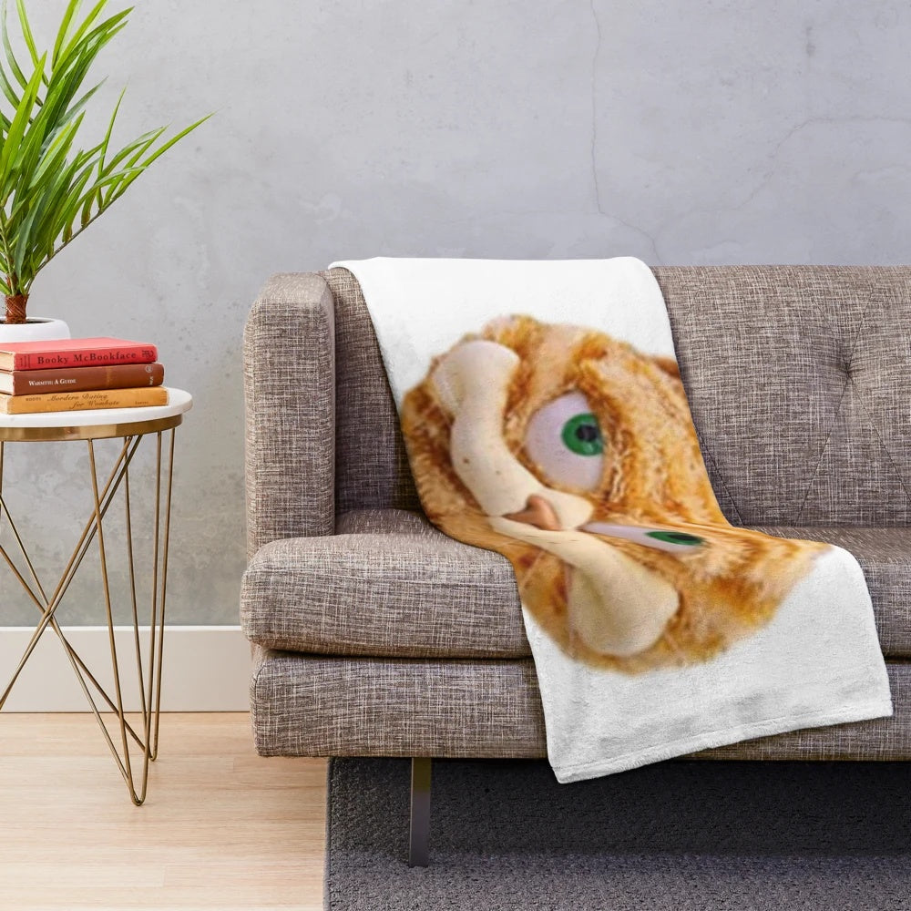Garfield-inspired plush blanket with a humorous, low-quality design