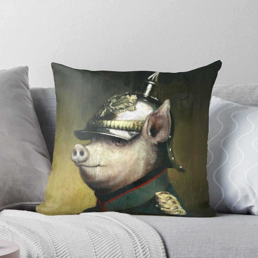 Funny portrait of a pig wearing a German military helmet