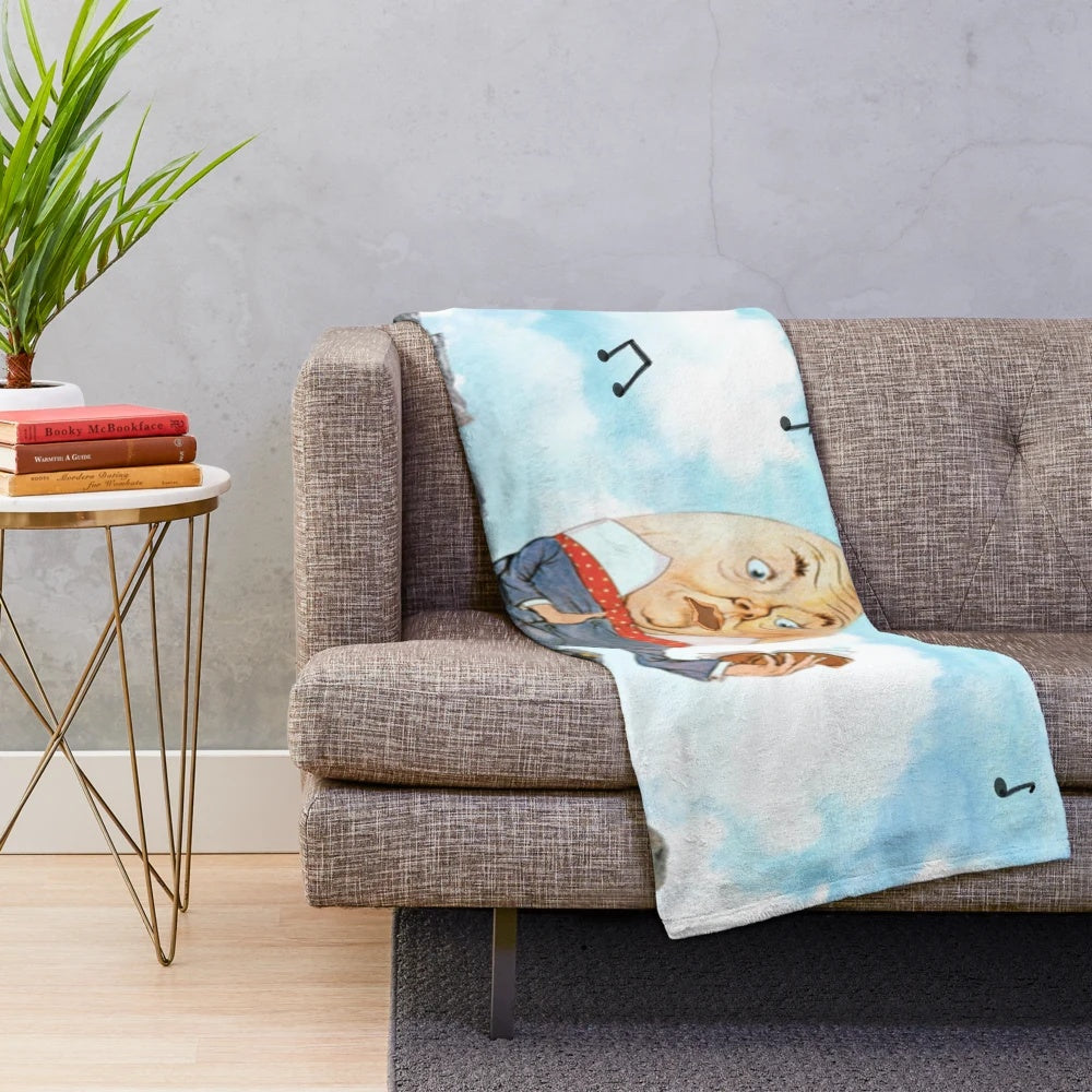 Humpty Dumpty sitting on a wall, singing a whimsical nursery rhyme, printed on a plush blanket