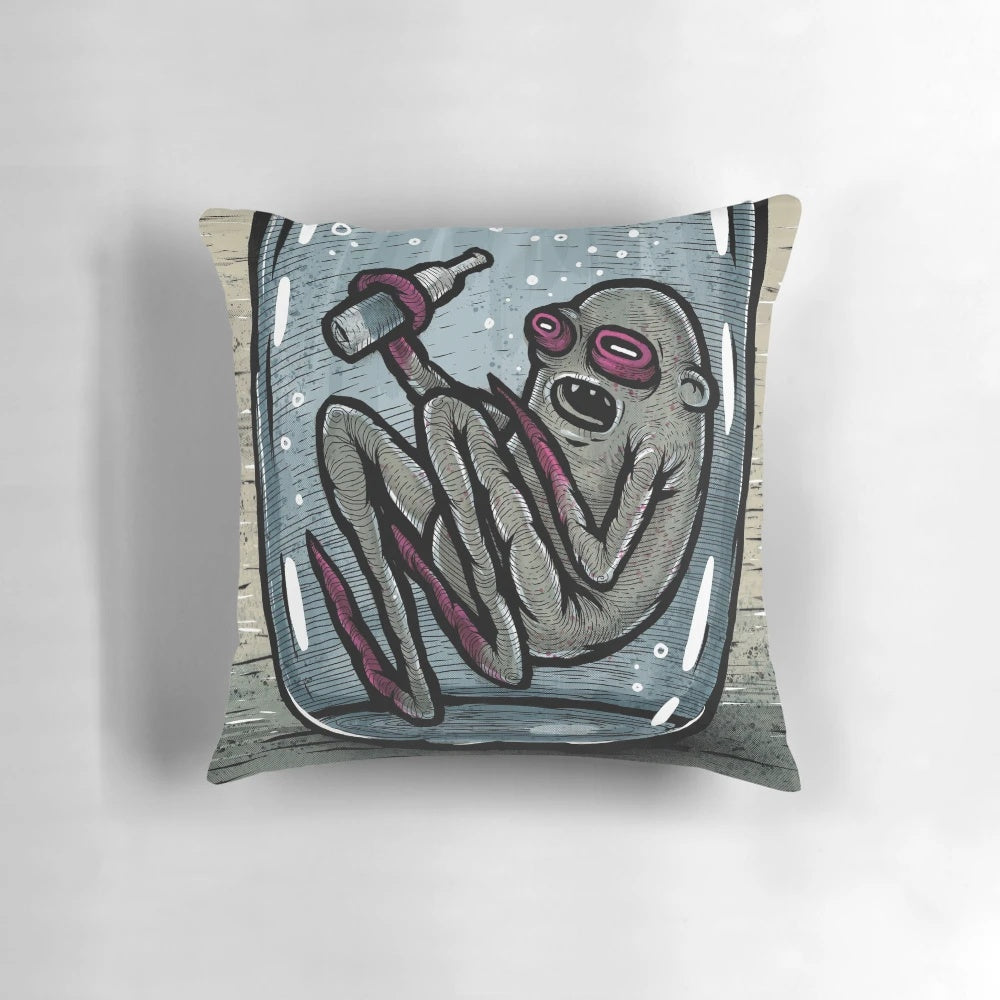 Whimsical illustration of a glass of water with the text "I don't drink water" printed on a decorative throw pillow.