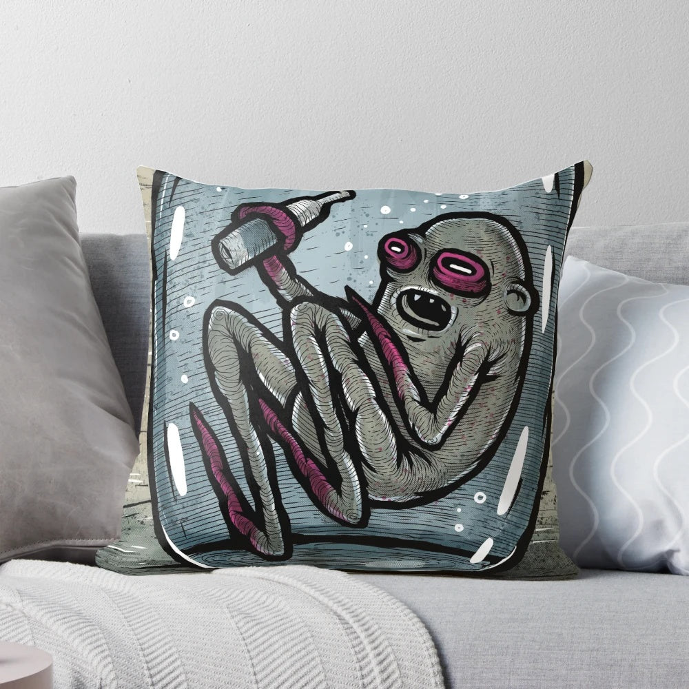 Whimsical illustration of a glass of water with the text "I don't drink water" printed on a decorative throw pillow.