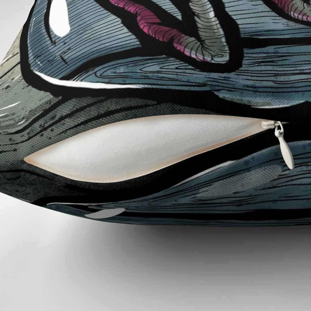 Whimsical illustration of a glass of water with the text "I don't drink water" printed on a decorative throw pillow.