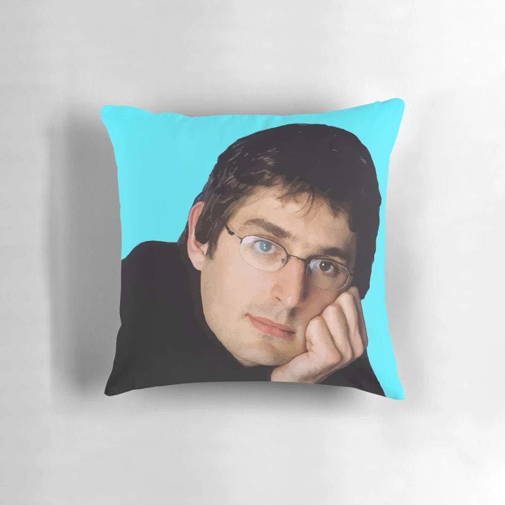 Louis Theroux themed decorative pillow with quirky, unique design