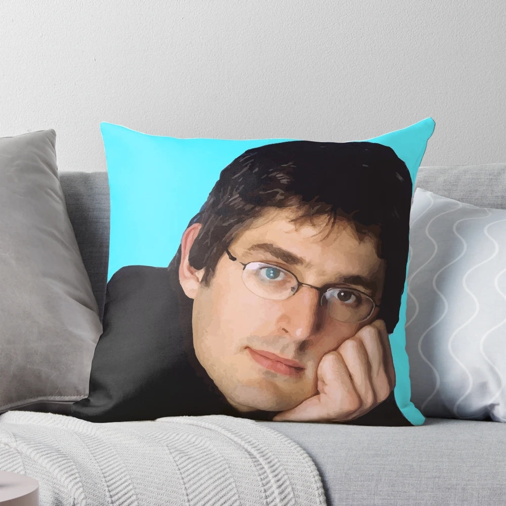 Louis Theroux themed decorative pillow with quirky, unique design