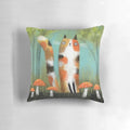 Colorful and quirky pillow featuring a calico cat surrounded by whimsical mushrooms, designed by artist Terry Runyan.