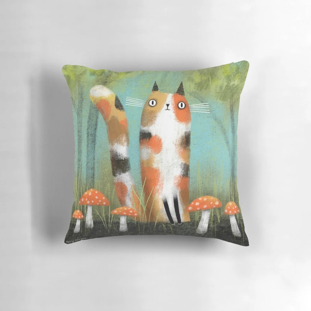 Colorful and quirky pillow featuring a calico cat surrounded by whimsical mushrooms, designed by artist Terry Runyan.