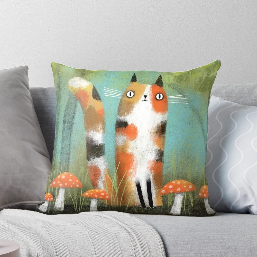 Colorful and quirky pillow featuring a calico cat surrounded by whimsical mushrooms, designed by artist Terry Runyan.