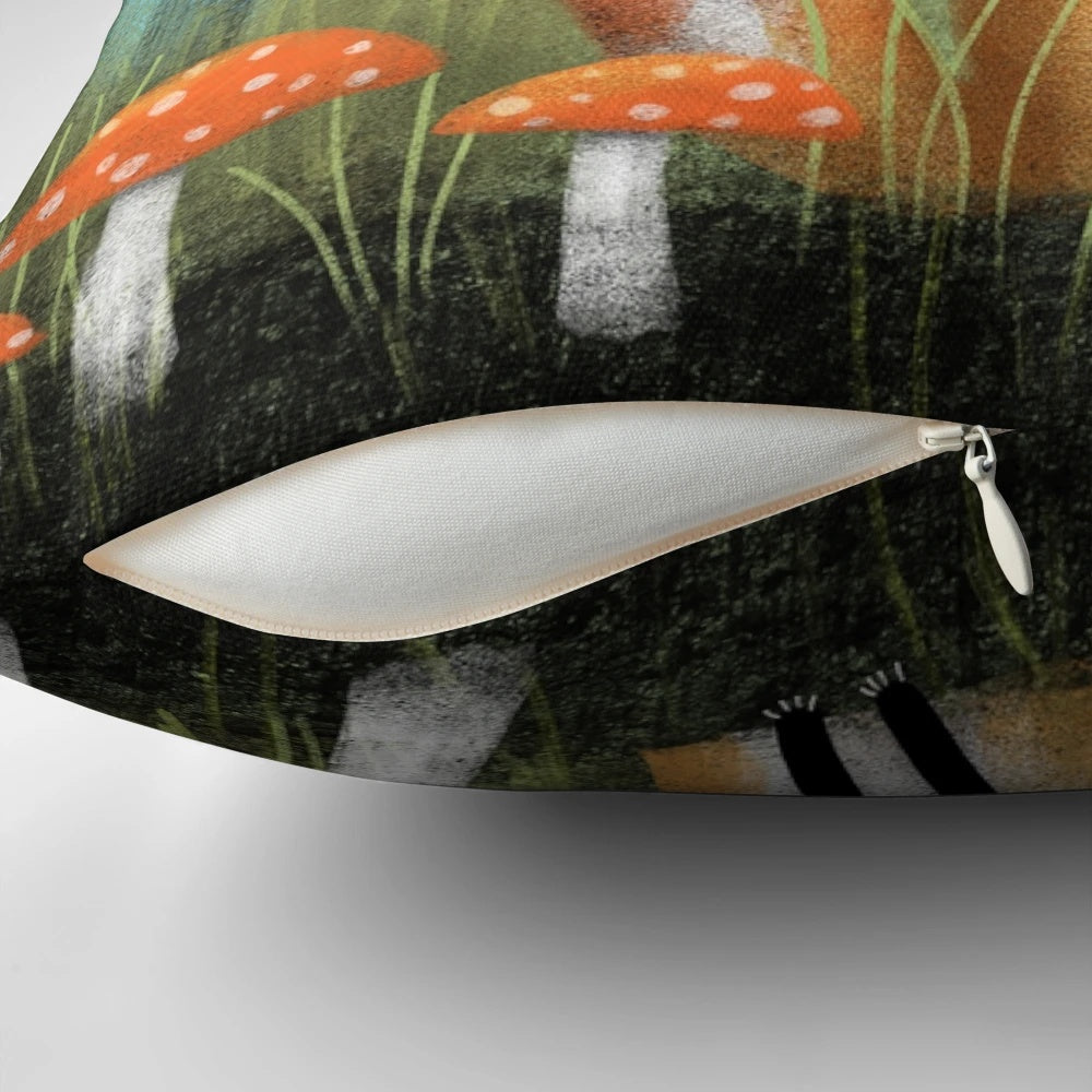 Colorful and quirky pillow featuring a calico cat surrounded by whimsical mushrooms, designed by artist Terry Runyan.