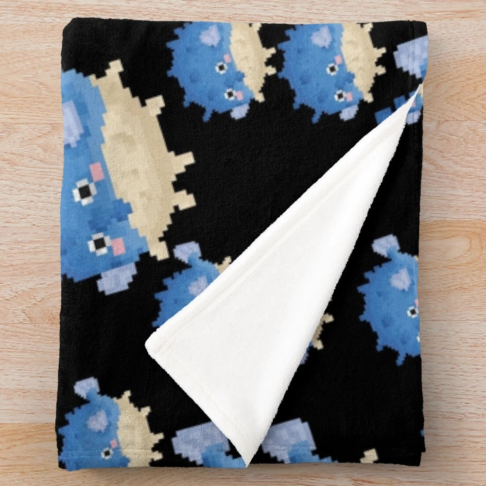 Pixelated pufferfish plush blanket with 8-bit inspired design