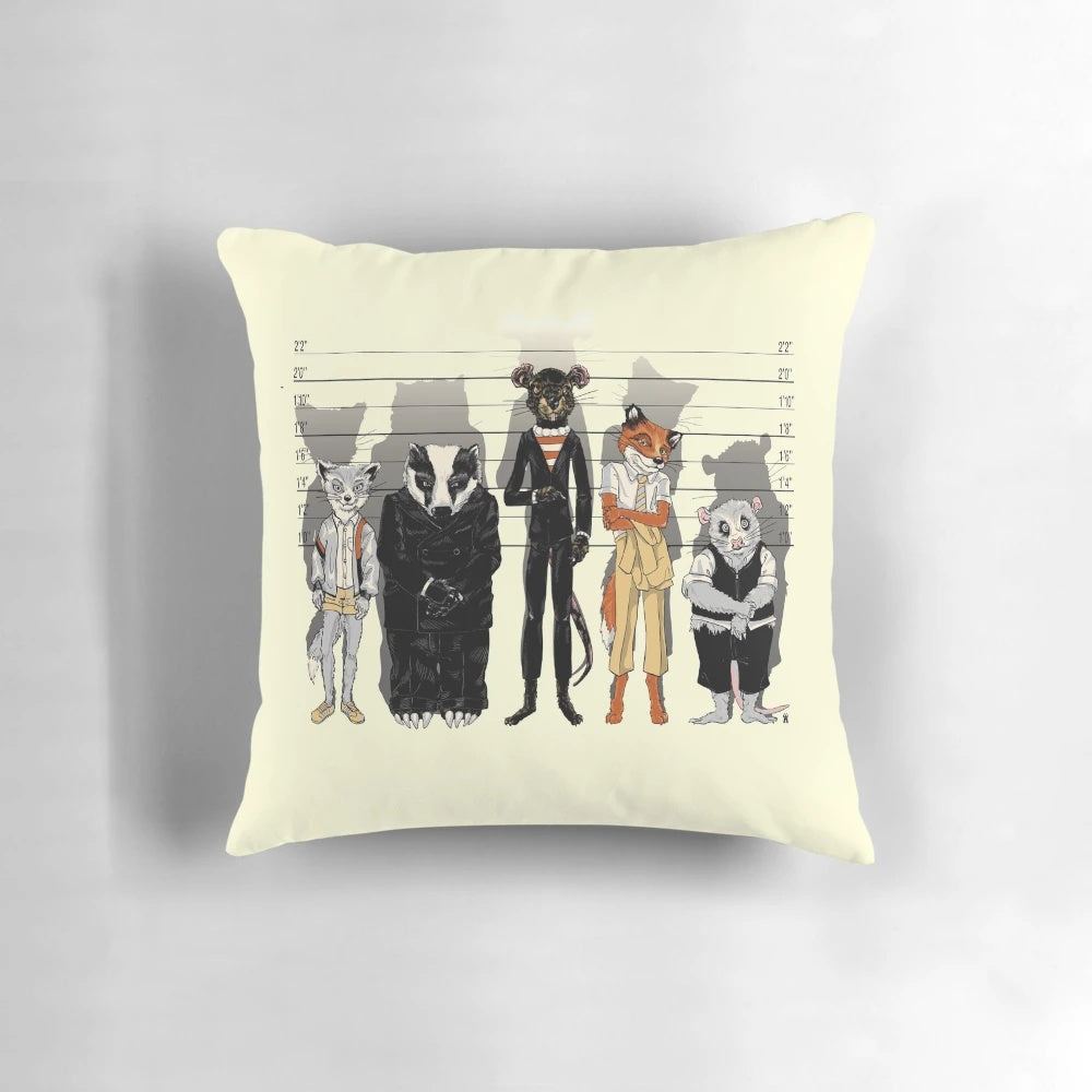 Unusual Suspects" inspired throw pillow featuring a mash-up of animals from films like "Fantastic Mr. Fox