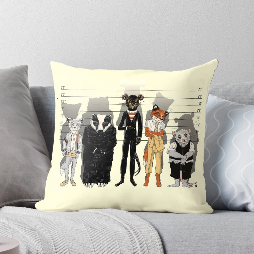 Unusual Suspects" inspired throw pillow featuring a mash-up of animals from films like "Fantastic Mr. Fox