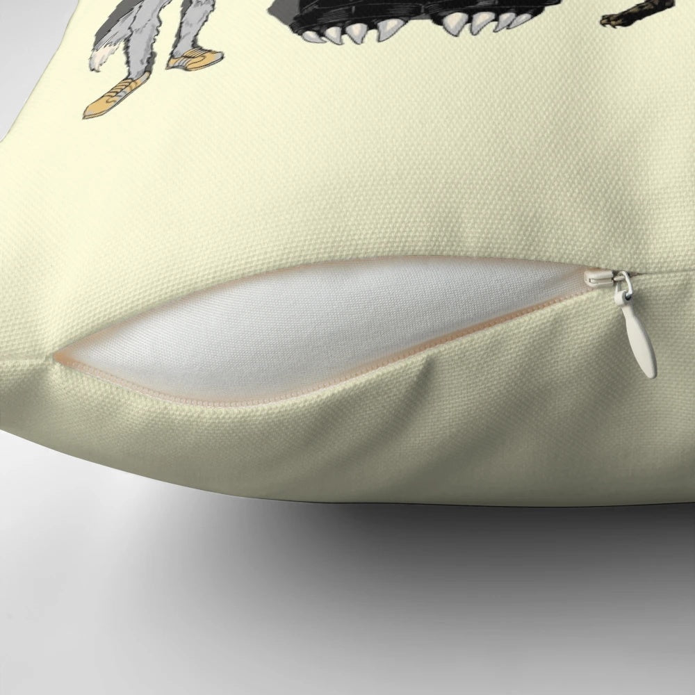 Unusual Suspects" inspired throw pillow featuring a mash-up of animals from films like "Fantastic Mr. Fox