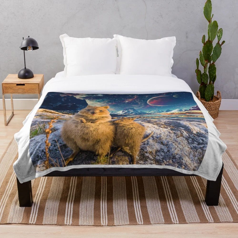 Adorable quokka in space-themed plush blanket design