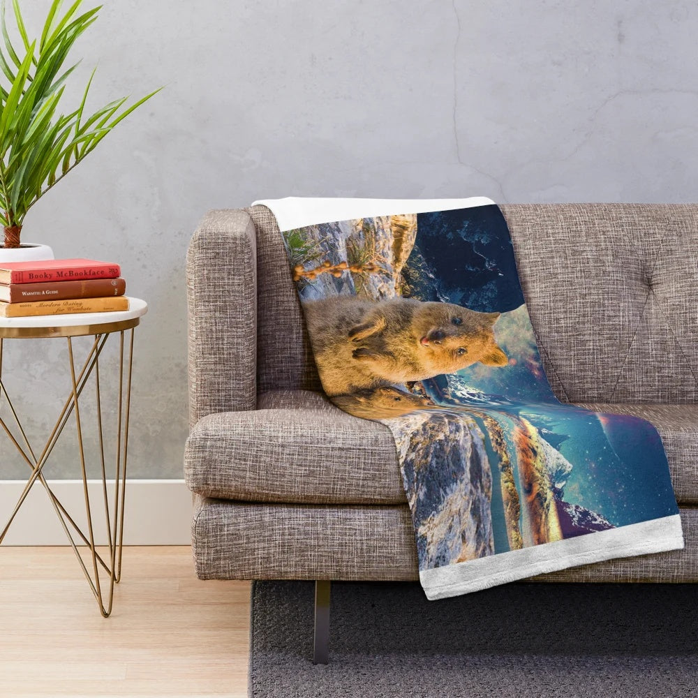 Adorable quokka in space-themed plush blanket design