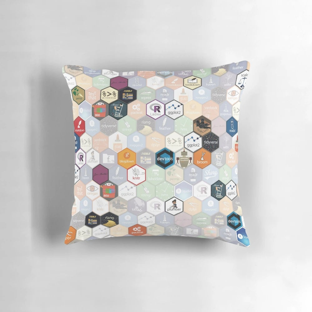 Hexagonal R-themed fabric pillow for data analysis and programming