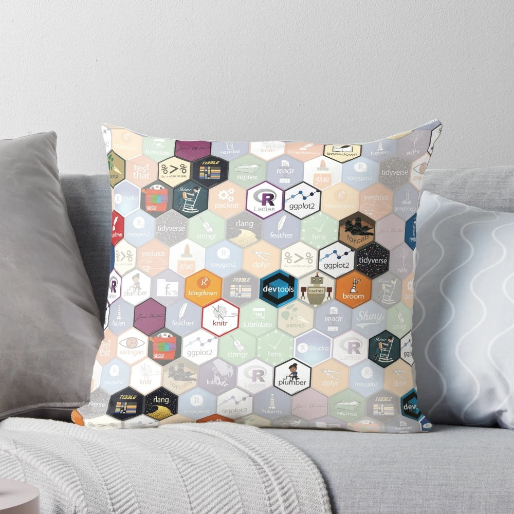 Hexagonal R-themed fabric pillow for data analysis and programming