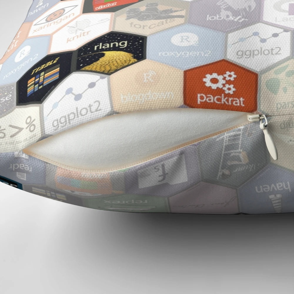 Hexagonal R-themed fabric pillow for data analysis and programming