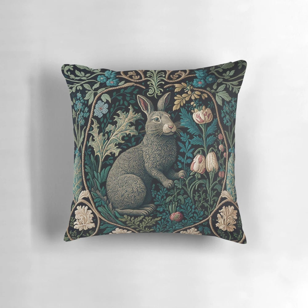 Decorative pillow featuring a rabbit in a forest, inspired by the artistic style of William Morris.