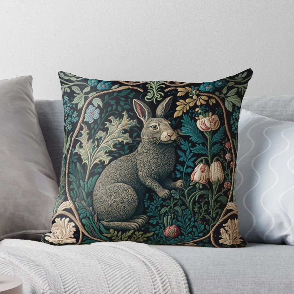 Decorative pillow featuring a rabbit in a forest, inspired by the artistic style of William Morris.