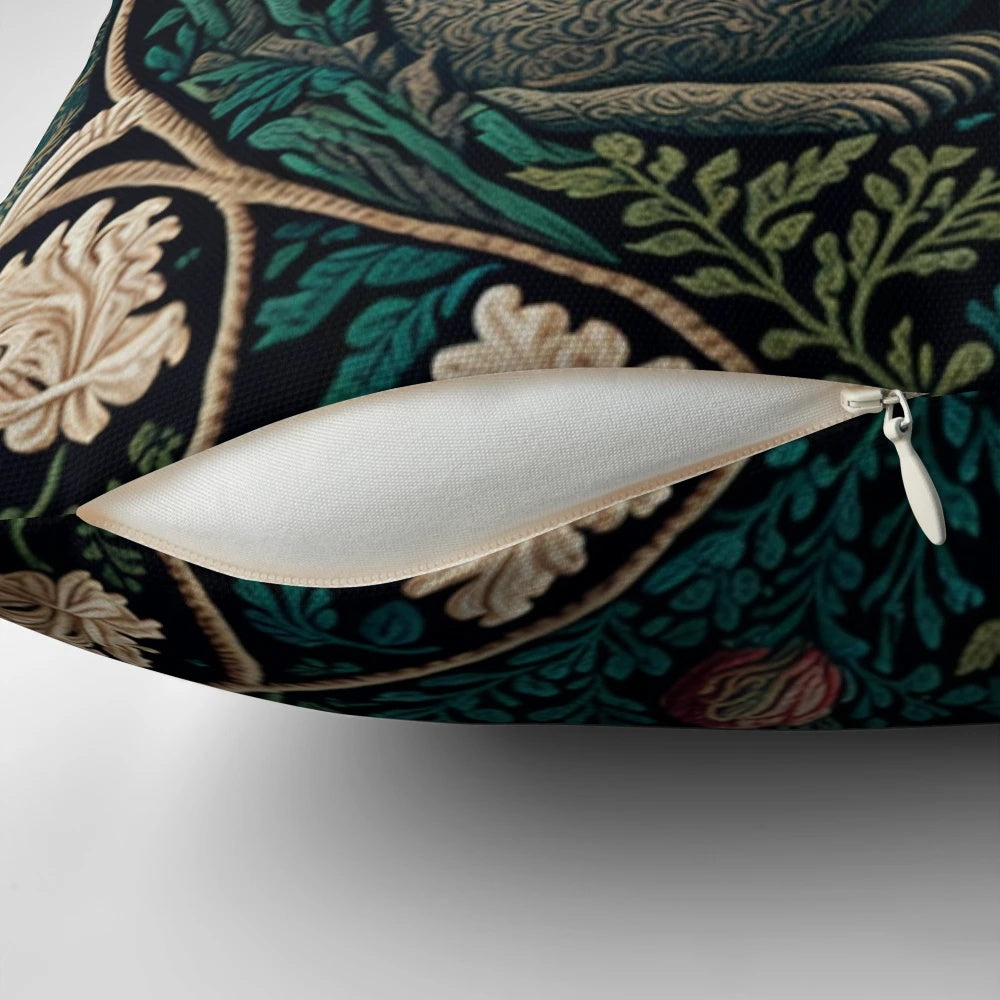 Decorative pillow featuring a rabbit in a forest, inspired by the artistic style of William Morris.