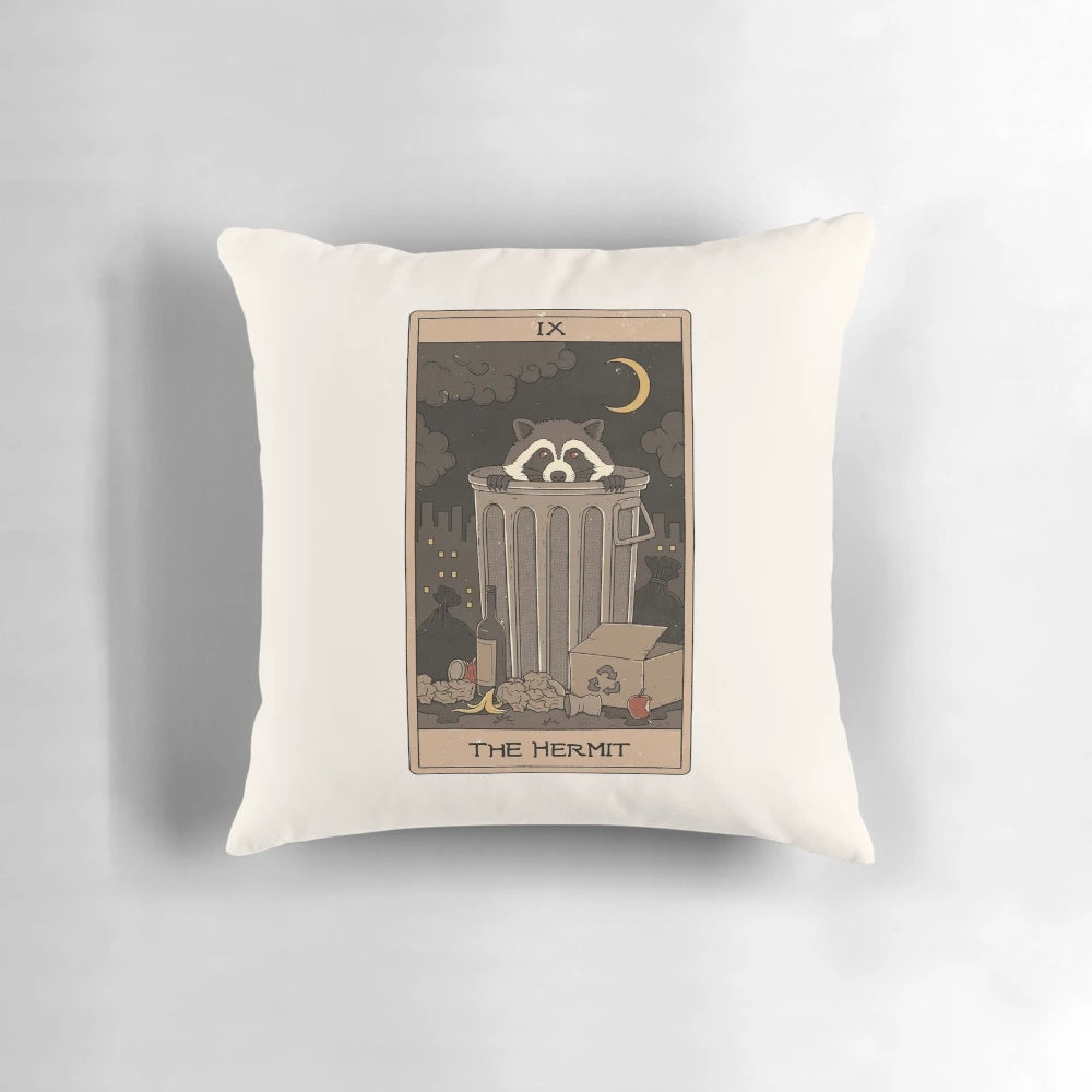 Raccoon Tarot Hermit Pillow featuring a whimsical raccoon design and Hermit tarot card imagery
