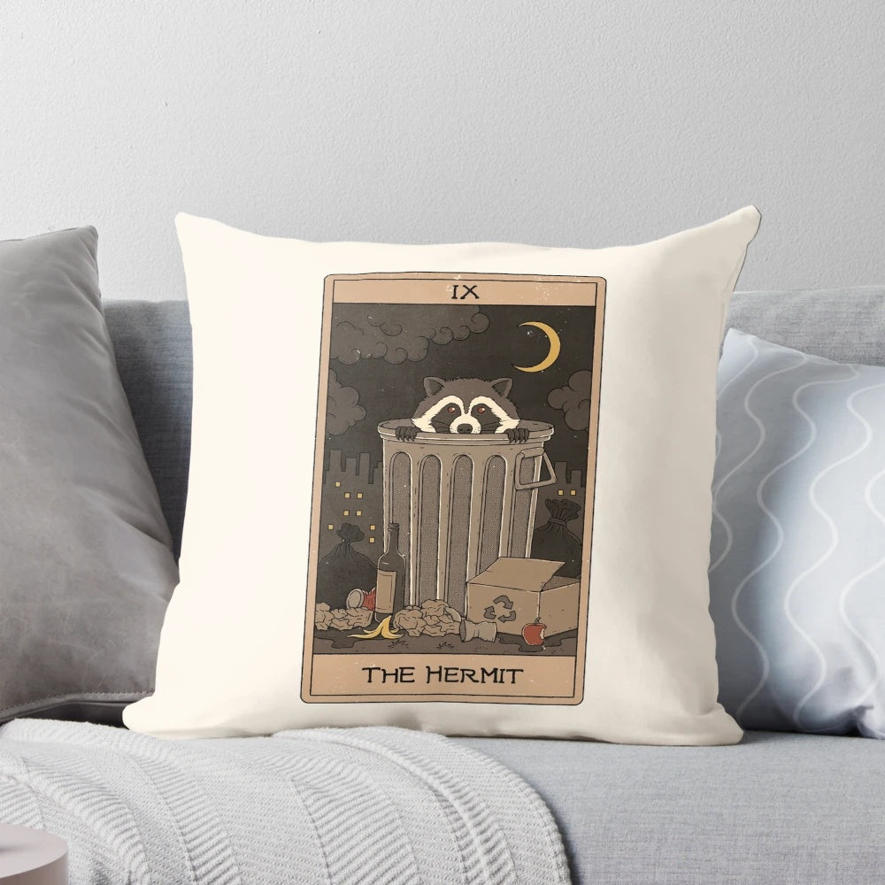 Raccoon Tarot Hermit Pillow featuring a whimsical raccoon design and Hermit tarot card imagery
