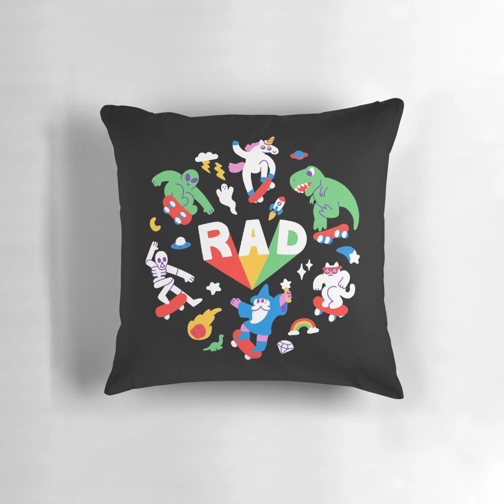 Rad Pals Funny Throw Pillow with Cats, Unicorns, Skateboards, and Other Rad Designs