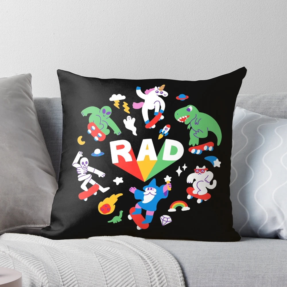 Rad Pals Funny Throw Pillow with Cats, Unicorns, Skateboards, and Other Rad Designs