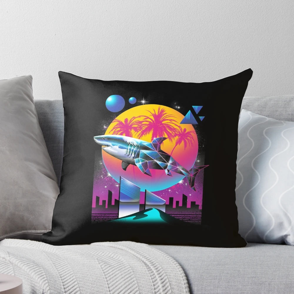 Rad shark cyberpunk pillow with neon retro animal punk design