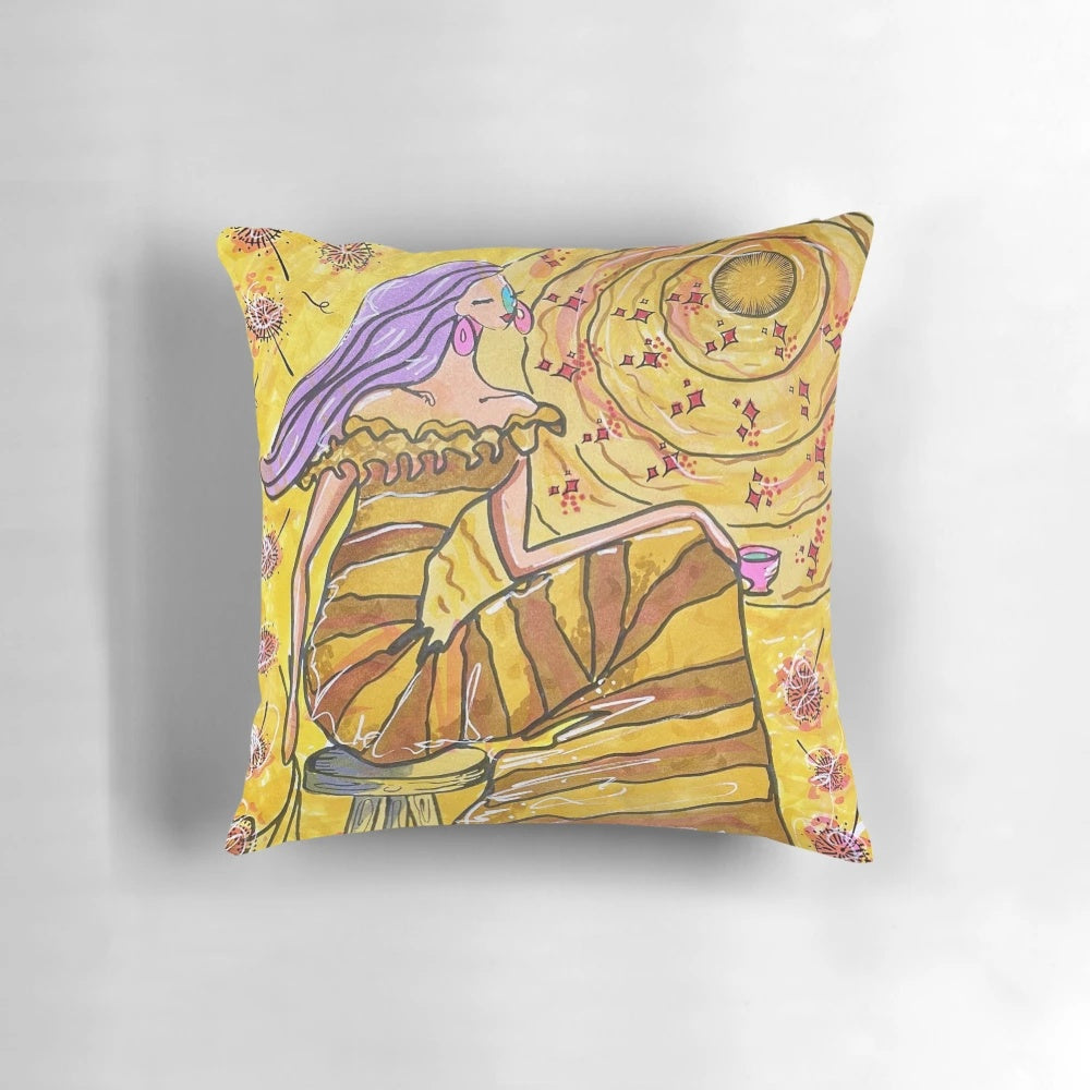 A decorative gold pillow with a sunburst design, adding a touch of warmth and sunshine to any room.