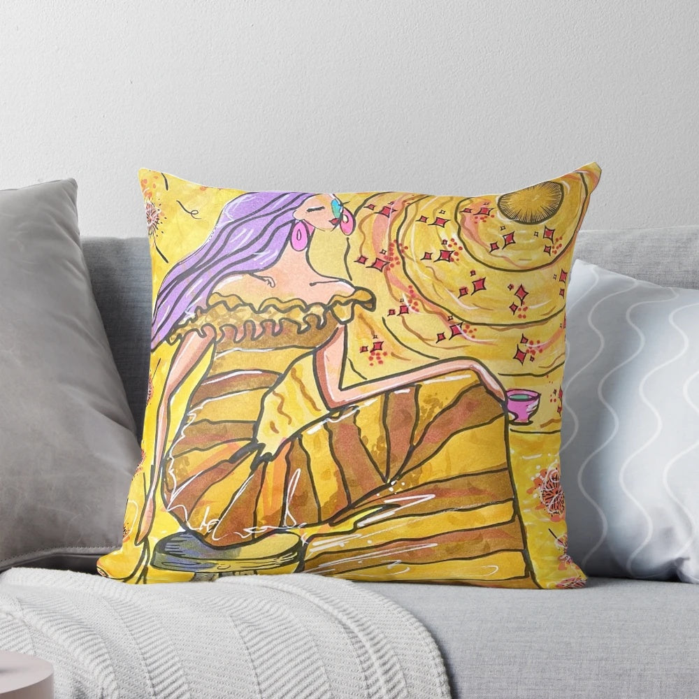 A decorative gold pillow with a sunburst design, adding a touch of warmth and sunshine to any room.