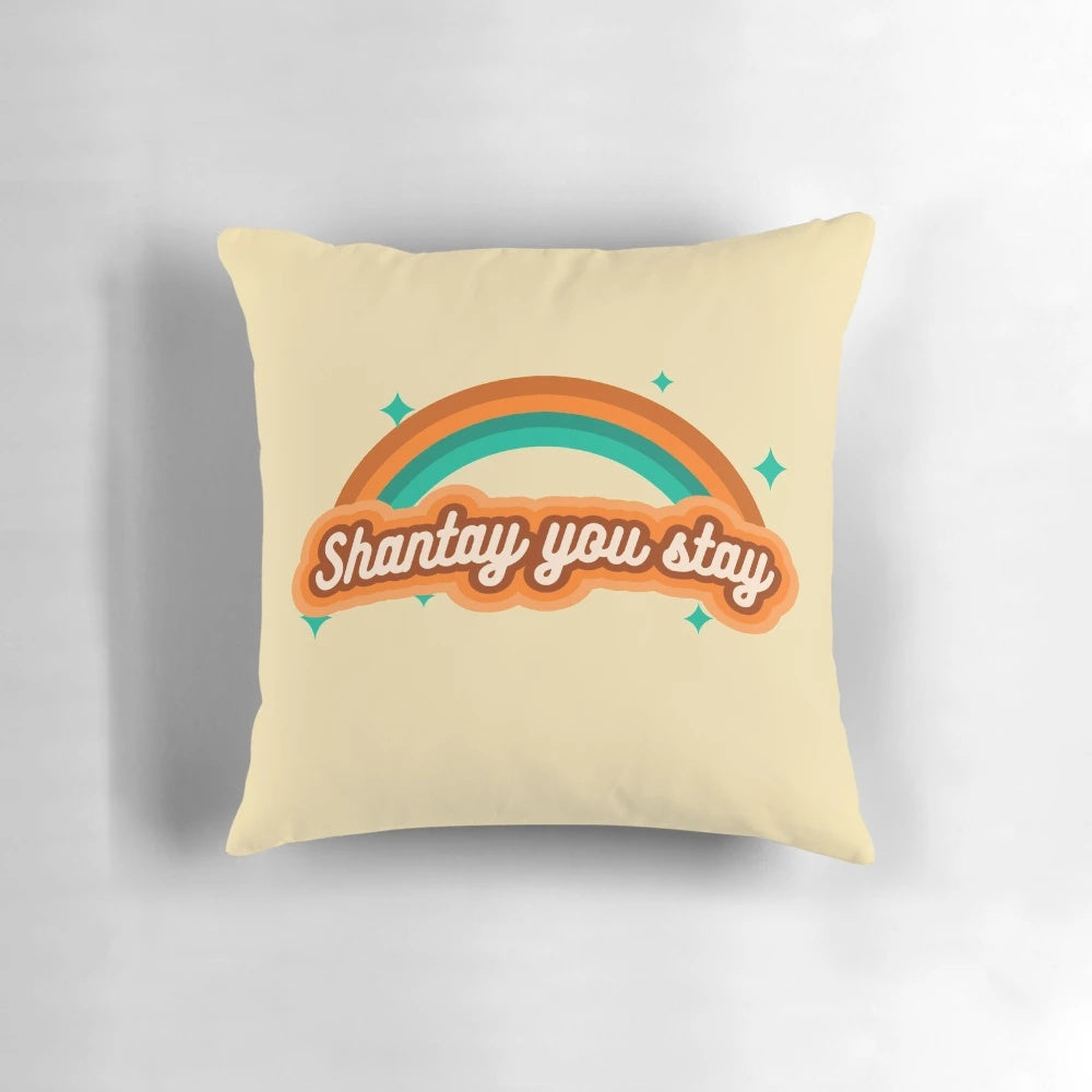 Shantay You Stay" sparkle pillow with RuPaul's Drag Race-inspired design