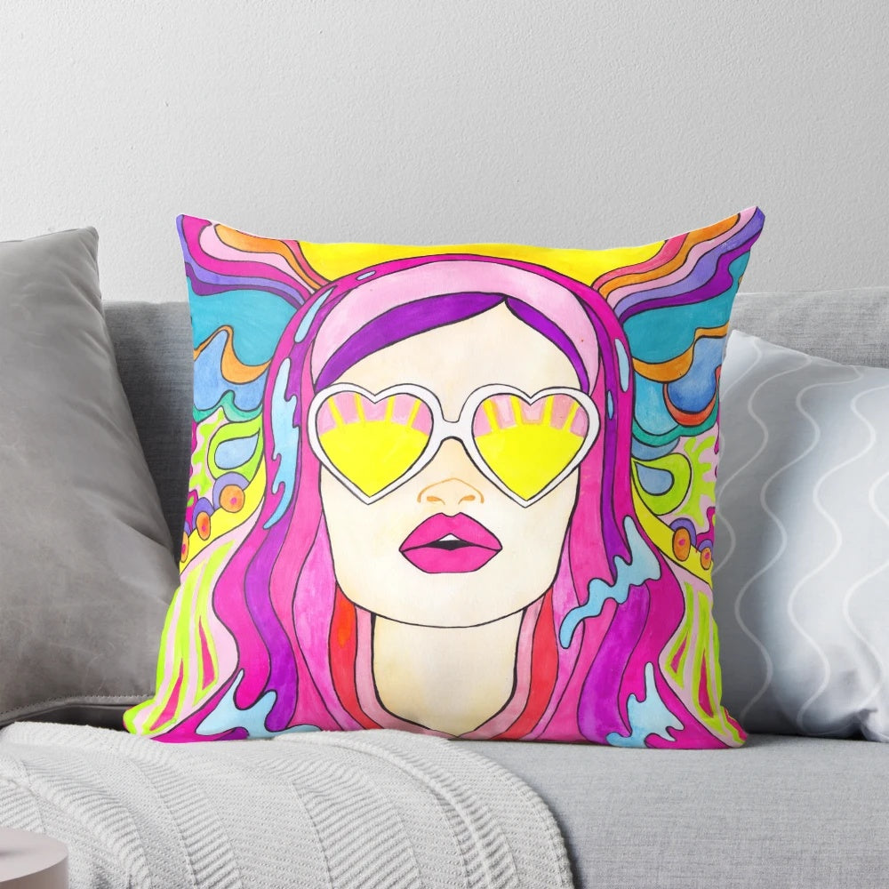 Colorful, psychedelic-inspired sun burst pillow with a bold, energetic design