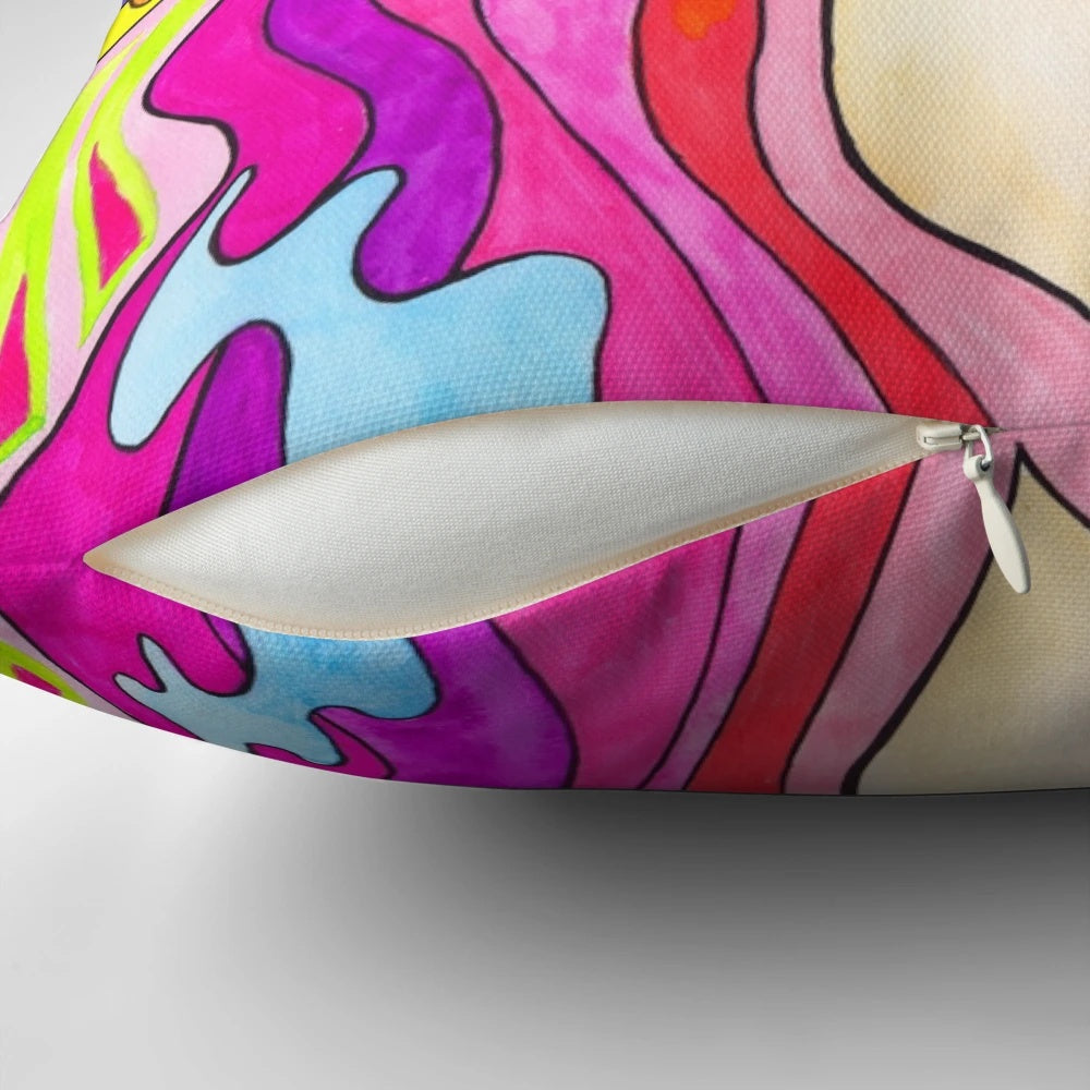 Colorful, psychedelic-inspired sun burst pillow with a bold, energetic design